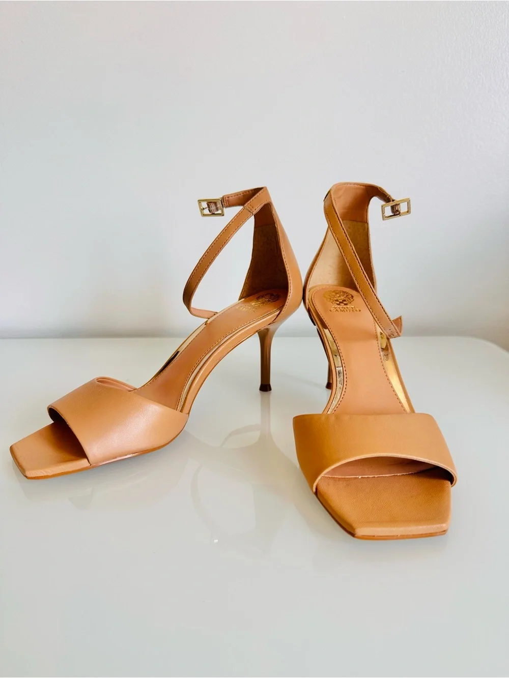 Vince Camuto Tan Ankle-Strap Square-Toe Heels